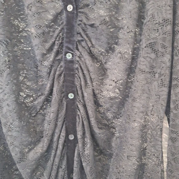 Lane Bryant Black Lace Button Front Top Size 20 Sheer Ruched Blouse Velvet Trim - Picture 14 of 14
